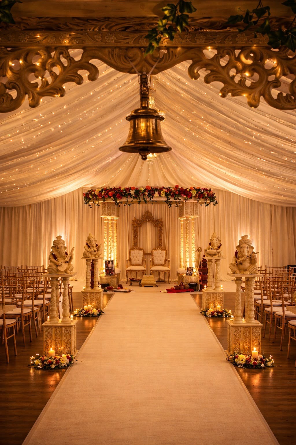 A ceremony aisle beneath a draped, fairy-lit ceiling and a brass bell, lined with carved pillars, Ganesh statues and candles leading to a floral mandap