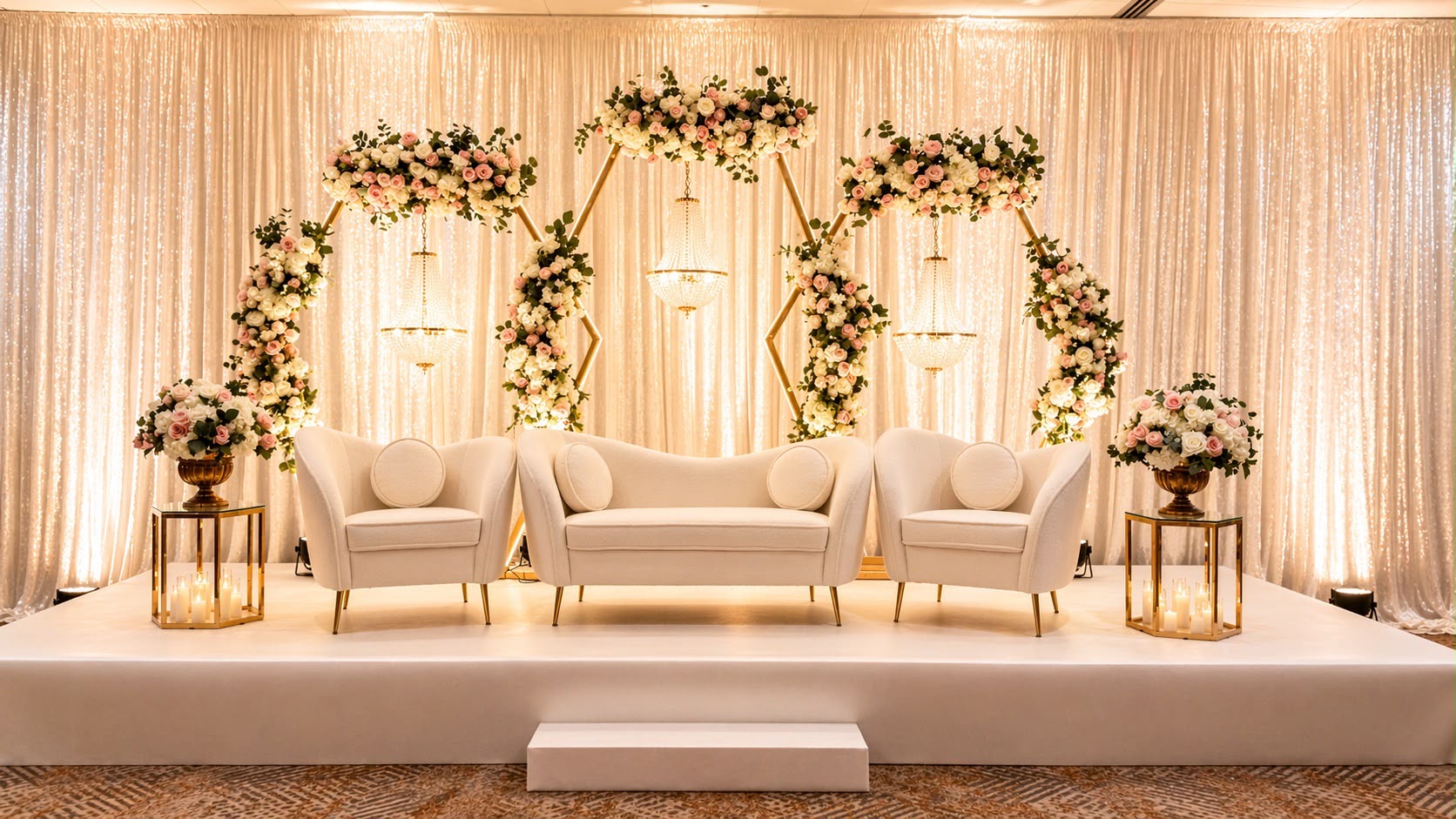 A contemporary stage with curved ivory sofas framed by gold hexagonal arches of white and blush roses and crystal chandeliers, before a shimmering ivory backdrop