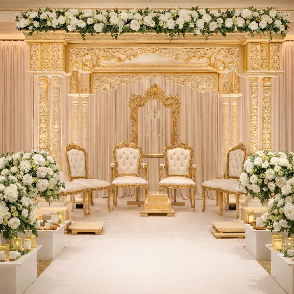 A gold carved mandap with tufted gold chairs, framed by an ivory aisle lined with white rose arrangements and candles