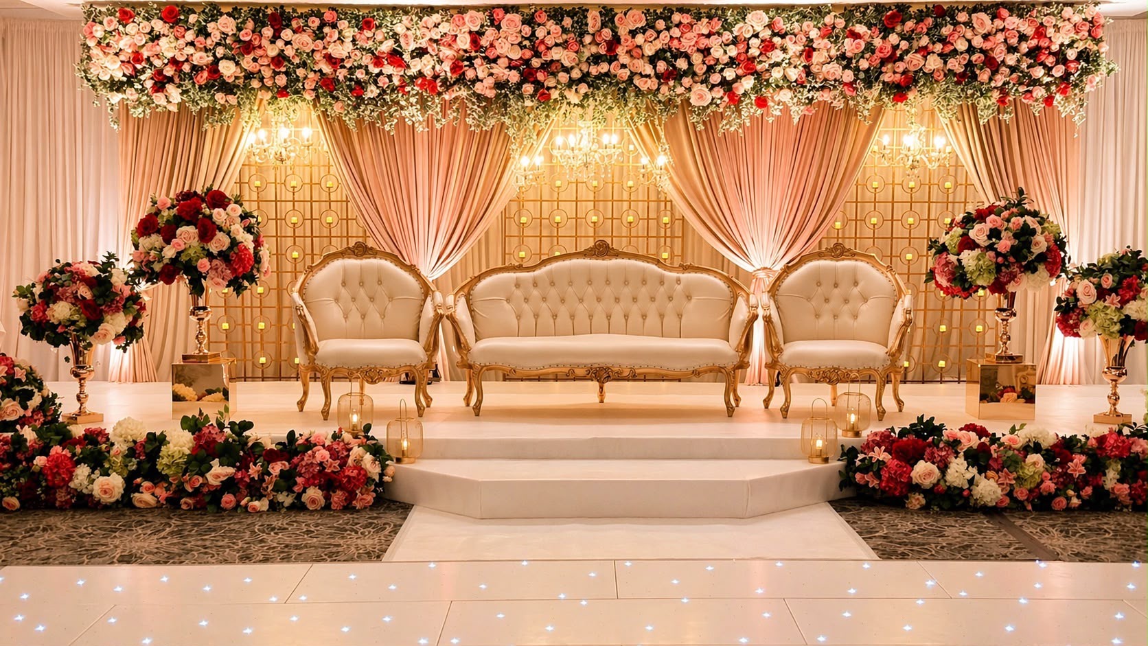 A reception stage with gilded ivory sofas beneath a canopy of red and blush roses, blush drapes and a gold lattice backdrop, above a starlit dance floor